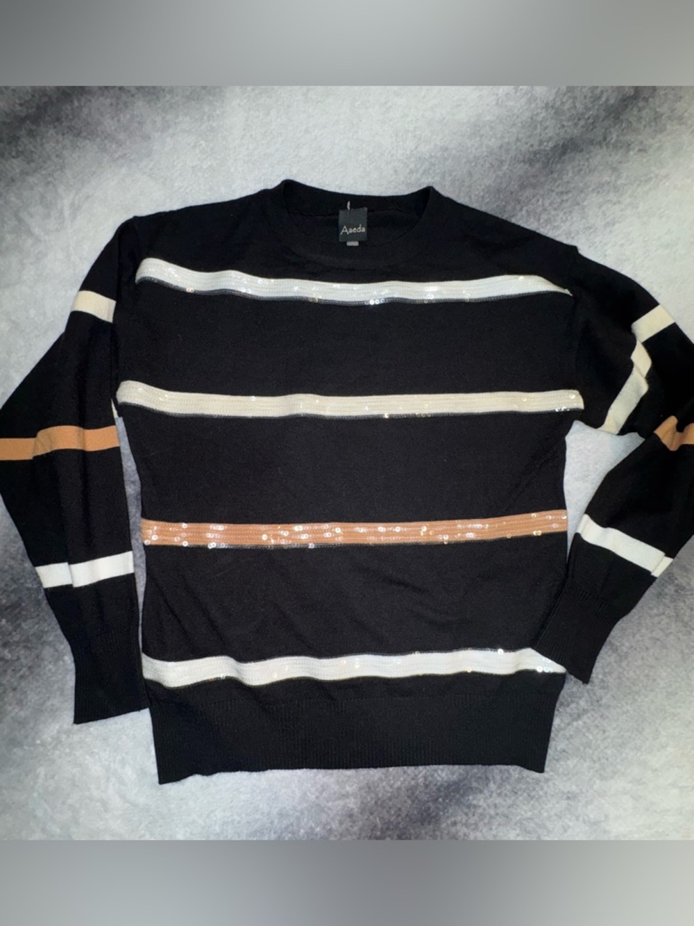 (A5) Aaeda Striped Crewneck Sweater Size S Black‎ White Sequin Chic Soft Knit
